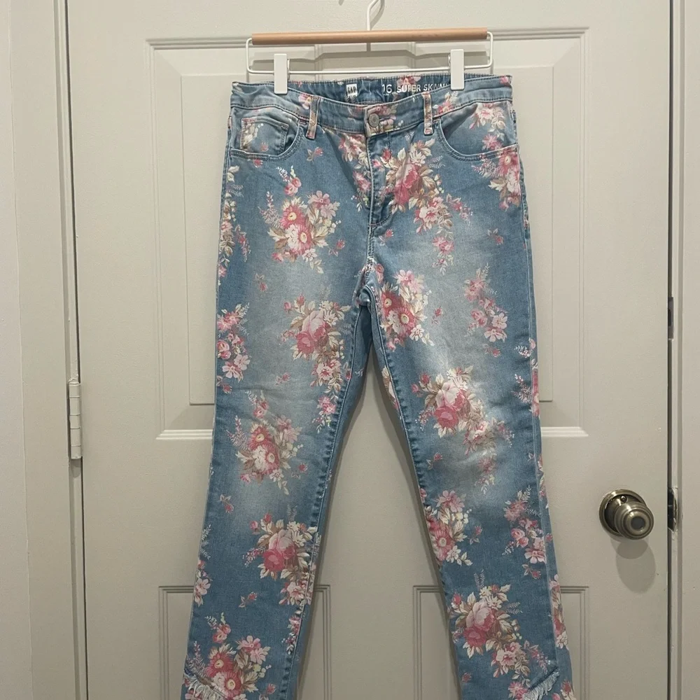 GAP Kid's Floral Light Denim Jeans, Soft Pink Vintage Flowers, Stretch, Raw Hem